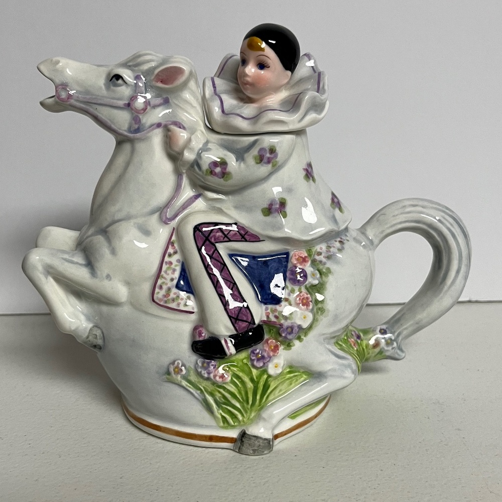 Schmid Horse Musical Teapot Figure Porcelain Jockey Floral Flowers White